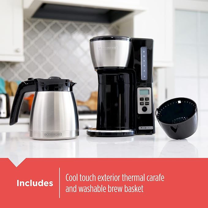 BLACK+DECKER 12 Cup Thermal Programmable Coffee Maker with Brew Strength and VORTEX Technology, Black/Steel, CM2046S | Programmable coffee maker with Vortex showerhead, brew strength control and mess-free Perfect Pour spout. - Image 6