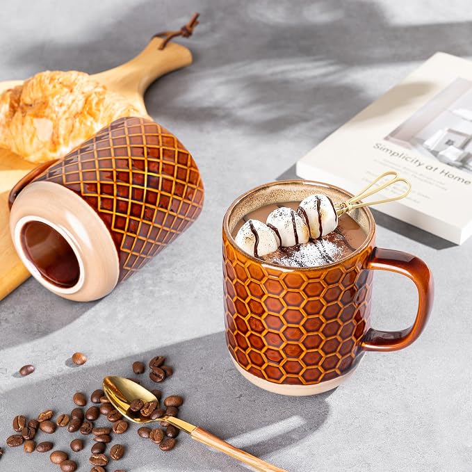 GBhome 12oz Coffee Mugs Set of 4, Handmade Stoneware Coffee Mugs Set with Large Handle for Cappuccino/Latte/Tea/Hot Cocoa, Dishwasher & Microwave Safe, Caramel - Image 3