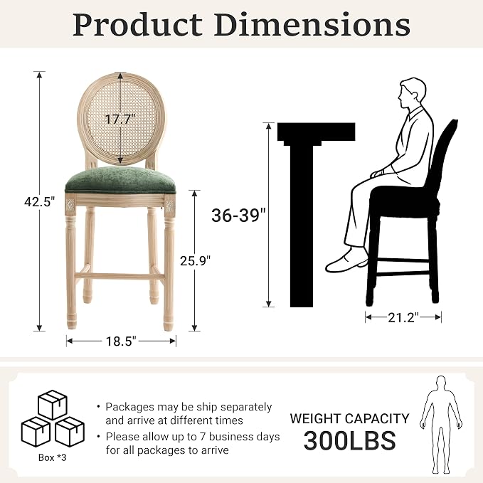 French Country Barstool, Linen Farmhouse Counter Height Chair | Set of 6, with Rattan Round Back and Solid Wood Legs, Oval Chairs for Restaurant, Bar, Kitchen, Café, Green - Image 3
