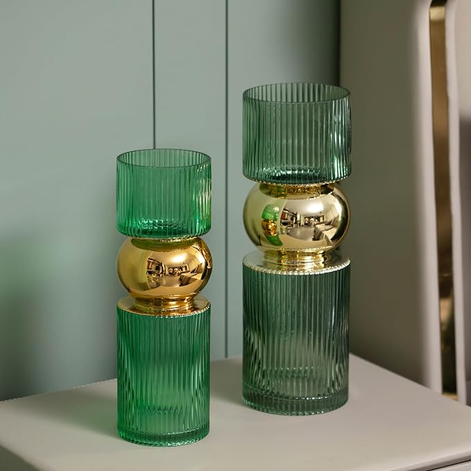 Set of 2 Decorative Green Tall Glass Vase - Modern Minimalist Decor for Parties, and Special Events - Perfect Centerpiece for Coffee Tables, Living Rooms, Dining Tables, Offices, and Farmhouse Decor - Image 6