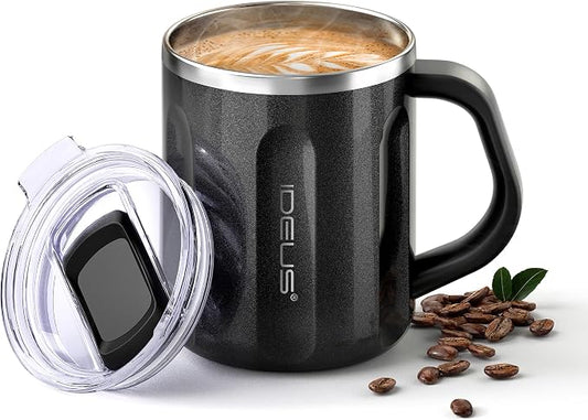 Ideus 16 oz Insulated Coffee Mug with Handle and Lid, Double Wall Stainless Steel Vacuum Thermal Coffee Mug, Travel Coffee Cup Thermal Cup for Home and Office, Black-FUJI FLOW by IDEUS