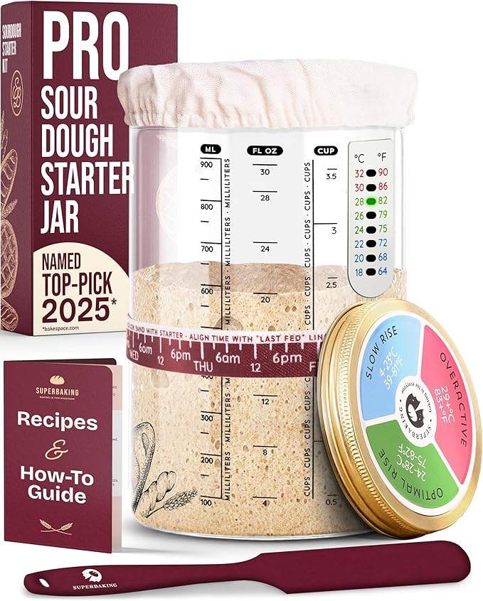 Superbaking Sourdough Starter Jar, Beginner Sourdough Starter Kit, 34oz Wide Mouth Sour Dough Glass Jar with Guides & Recipes, Sourdough Bread Baking Supplies, Sourdough Container Crock