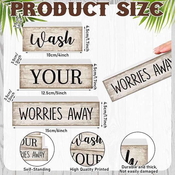 Moucuny 4 Pcs Farmhouse Laundry Room Decor Stacked Blocks Wash Your Worries Away Sign Funny Bathroom Shelf Decor and Accessories Rustic Eucalyptus Leaves Block Signs for Home Bathroom Toilet Washroom - Image 3
