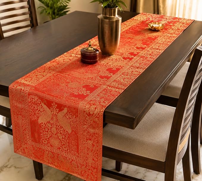 Indian Handmade Peacock Design Table Runner 60 x 16 Inch | Traditional Orange Decorative Table Linen for Dining Table, Console Table, Coffee Table & Home Décor - Image 4