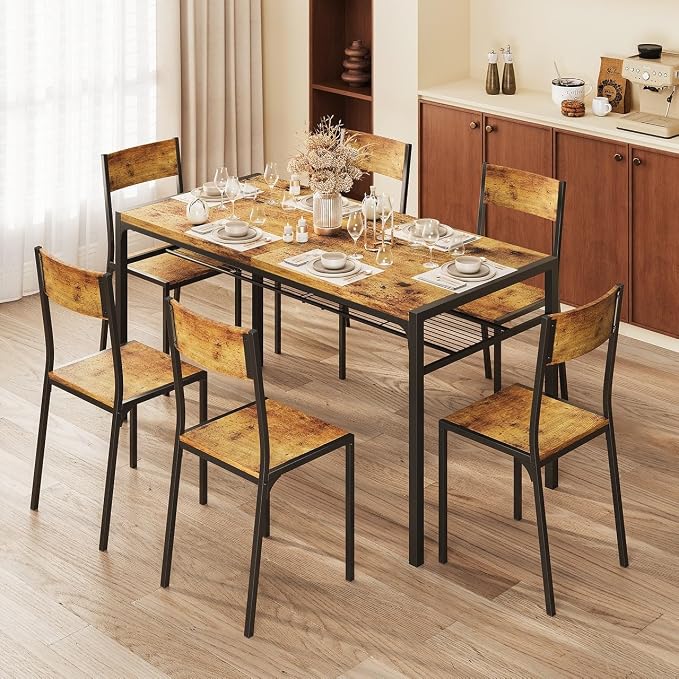 Gizoon 7-Piece Dining Table Set for 6, Kitchen Table with Chairs Rustic | Spacious rustic 6-person dining set with under-table storage rack. Ergonomic chairs slide under table to maximize space. - Image 3