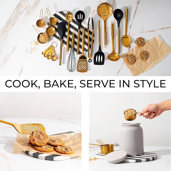 Black and Gold Kitchen Utensils Set - 19-PC Set Includes Stainless Steel and Silicone Cooking Utensils, Measuring Cups and Spoons - Black and Gold Kitchen Accessories for Stylish Cooking & Serving | Silicone Cooking Utensils, Measuring Cups and Spoons ... - Image 6