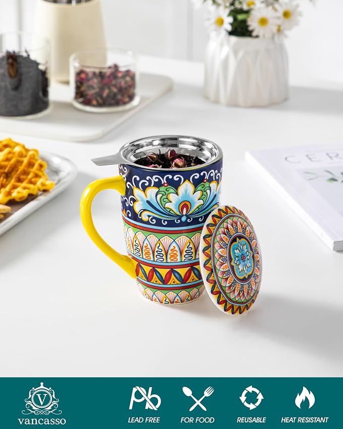 vancasso Ceramic Tea Mug with Infuser and Lid, 18 Ounce Bohemian Loose Leaf Cup, Microwave & Dishwasher Safe, Perfect for Tea, Coffee, Beige-Mustard Tribe - Image 3