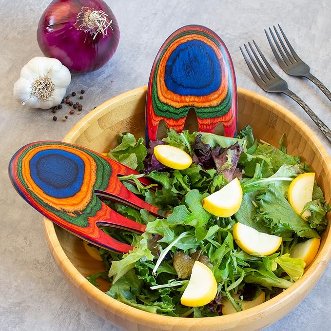 Baltique Marrakesh Salad Hands, Colorful Wood Salad Tongs Alternative | 2-piece salad claw servers. Colorful layered wood. Wide scoop for tossing greens, pasta, fruit. Bowl-grip knob catches rim. - Image 2
