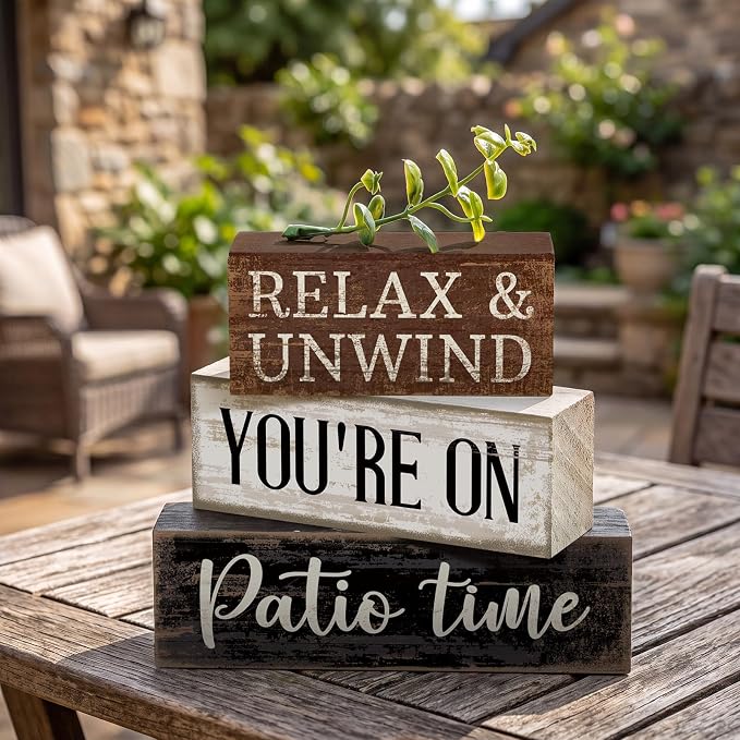 Moucuny 4 Pcs Farmhouse Table Decor Rustic Patio Stacked Wooden Decor - "Relax & Unwind You're on Patio Time" Sign with Greenery Topper for Home Porch Yard Shelf Fireplace Tiered Tray Decoration - Image 8