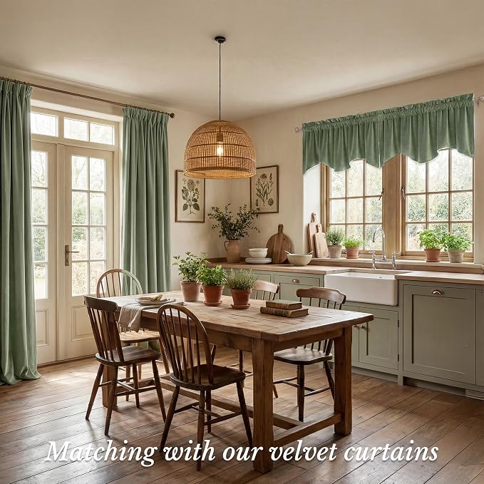 Velvet Window Valance 52x18 Inch 4-Panel Set | Soft Wavy Sage Green Kitchen Curtains for Windows, Luxury Fabric Aesthetic Window Treatment for Bay Window, Living Room - Image 2