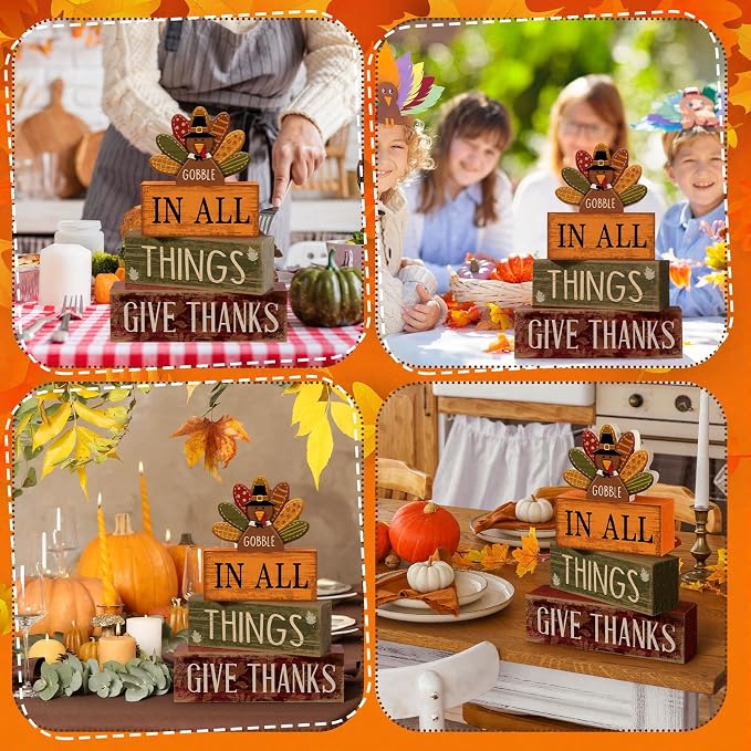 Moucuny 4 Pcs Fall Decorations for Home Wooden Turkey Decor Thanksgiving Tiered Tray Decor Thanksgiving Table Centerpiece Rustic Wooden Gobble Turkey Block Sign for Autumn Harvest Party Kitchen Shelf - Image 5
