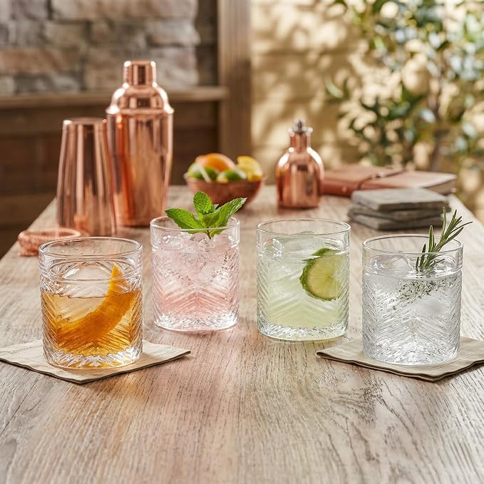 Set of 4 Double Old Fashioned Whiskey Glasses 13.86 oz, Heavy Base Rocks Glasses, Textured Herringbone Drinking Glasses, Bourbon Scotch Cocktail Tumblers - Image 6