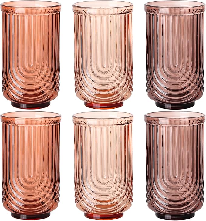Venus Vintage Drinking Glasses Set of 6-17oz Hand-Blown Highball Ribbed Glassware, Arch Design Cocktail Glasses for Whiskey Water Beverages Ice Coffee Juice Milk by TrophyToast