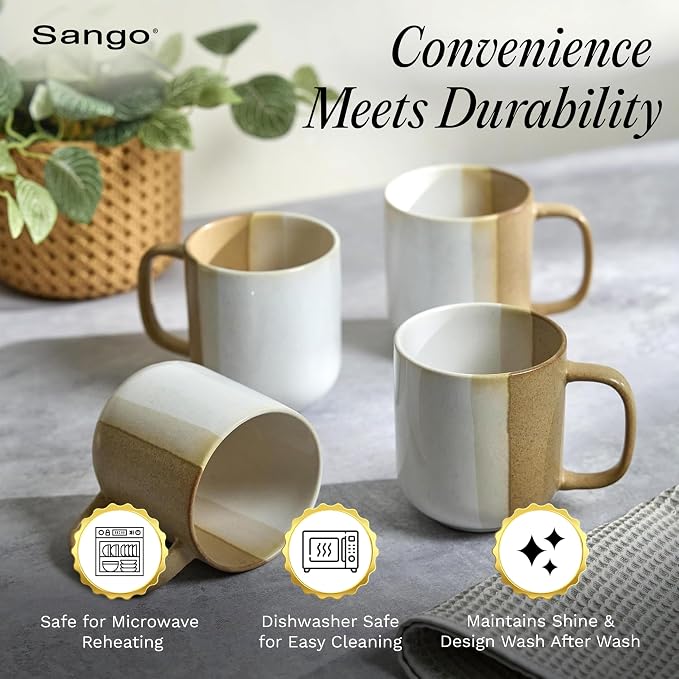 SANGO Phoebe Caramel/White Coffee Mugs Set of 4, 15 oz Stoneware Coffee Mug Set, Big Glossy Ceramic Tea Cup for Cappuccino, Latte, Cocoa, Large Coffee Cups with Handle, Microwave & Dishwasher Safe - Image 6