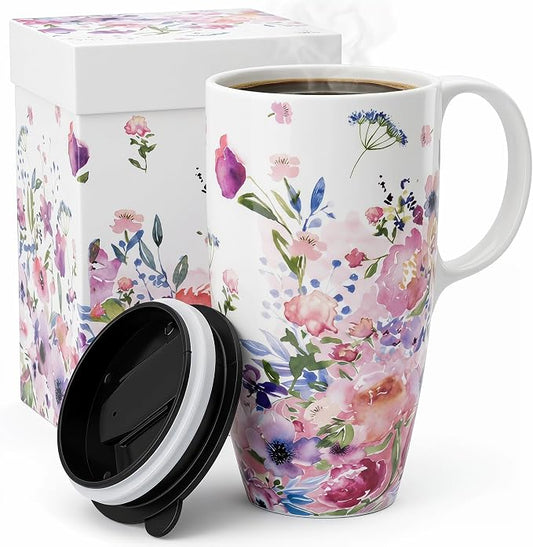 Topadorn 17oz Ceramic Travel Mug with Lid, Floral Coffee Mug with Handle | 17oz Ceramic Travel Mug • Floral Watercolor Design • Spill-Resistant Lid • Microwave & Dishwasher Safe • Gift Box by Topadorn