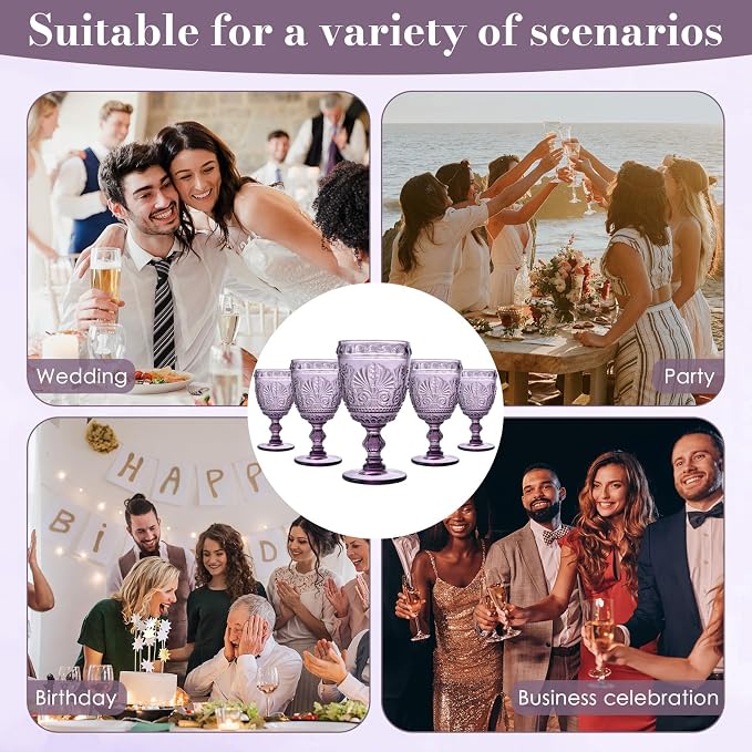 6 Pcs Purple Wine Glasses,Goblet Glasses,Vintage Glassware, Made of Sturdy and Durable Glass Can be Used for Weddings, Everyday Fun Parties and More! - Image 6