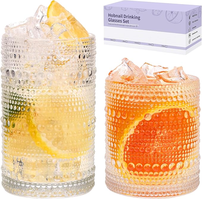 Moretoes 2pcs Hobnail Drinking Glasses,Vintage Glass Cups Set | 12 Oz Highball Glasses & 10 Oz Cocktail Glasses, Clear Embossed Tumbler Glassware Set for Whiskey, Beer, Juice, Milk by Moretoes