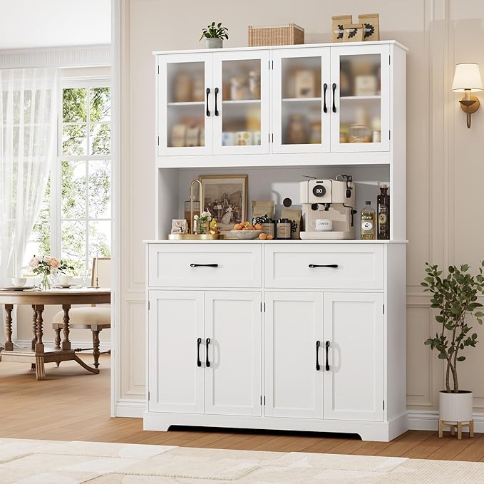 BOTLOG 71" Large Pantry Storage Cabinet with Microwave Stand | Tall Hutch Cabinet with Glass Doors 8 Storage Compartments for Dining Room, Modern White - Image 2