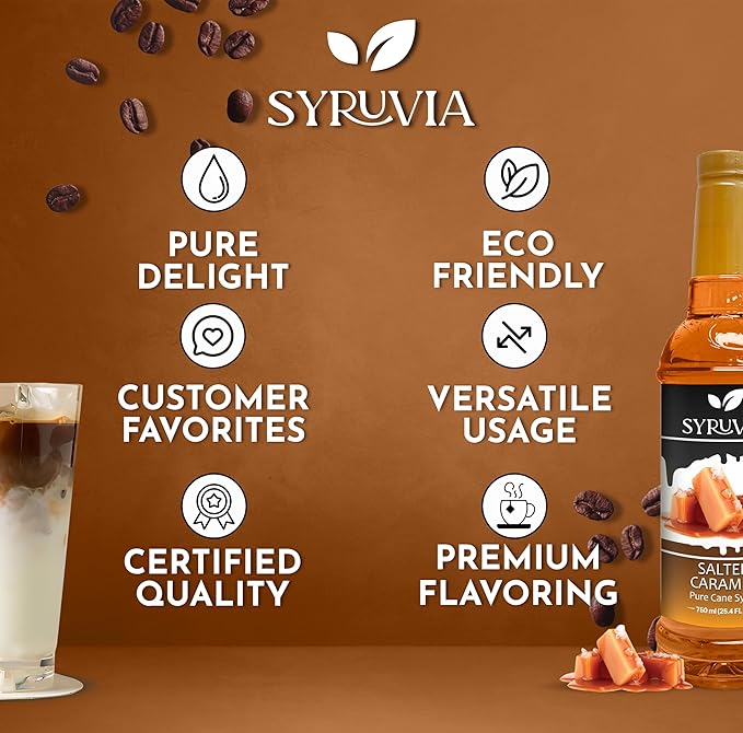 Syruvia Salted Caramel Syrup - 25.4 fl oz. Premium Coffee Flavoring Syrup. Kosher, and Gluten-Free. Perfect for Enhancing Drinks, Sodas, Shakes, Desserts, and More With Pump (Pack of 3)