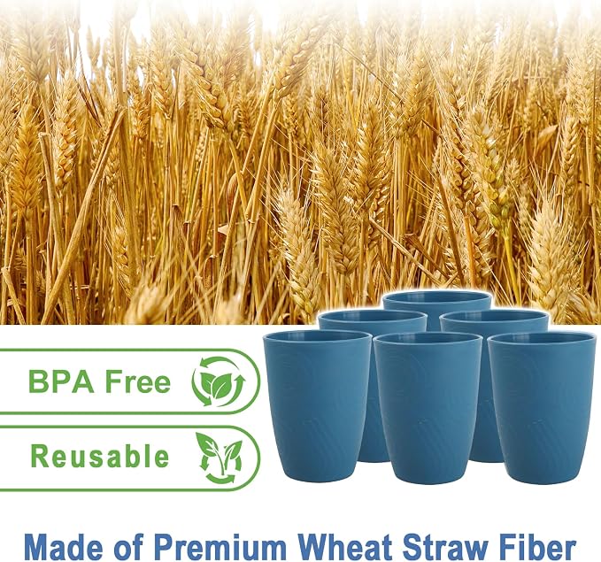 Wheat Straw Cups Set of 6, Plastic Drinking Glasses 12 OZ, Alternative to Plastic Cups Reusable, Unbreakable Water Cups for Kids, Microwave & Dishwasher Safe Drinking Cups for Kitchen - Blue - Image 3