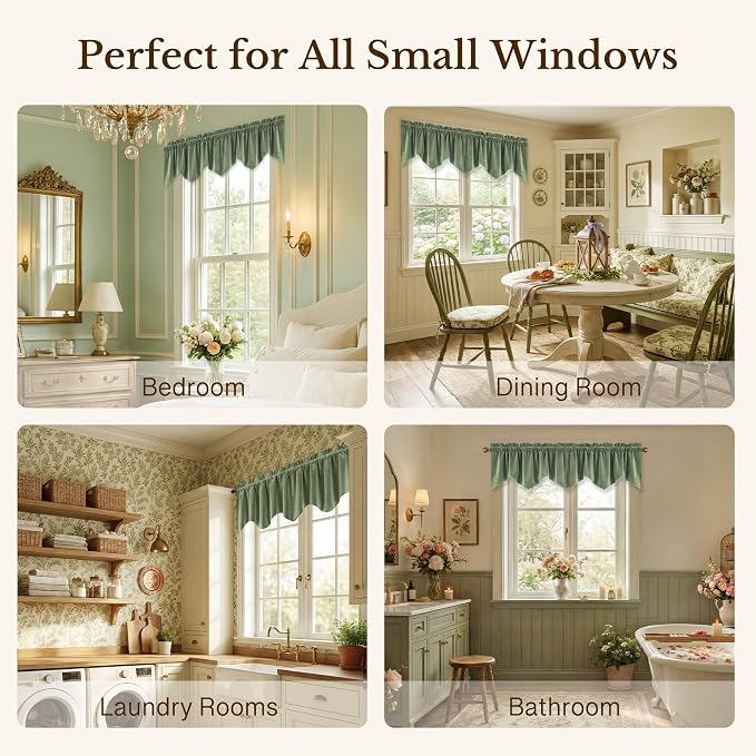 Velvet Window Valance 52x18 Inch 4-Panel Set | Soft Wavy Sage Green Kitchen Curtains for Windows, Luxury Fabric Aesthetic Window Treatment for Bay Window, Living Room - Image 6
