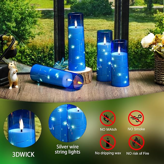 Sasigeiaa Flameless Candles with Embedded Star String - Battery Operated LED Candles, with Remote,12 Blue Flickering Candles for Christmas, Weddings, Home Decor & Party,(D 2.3"×H 5" 6" 7") - Image 3