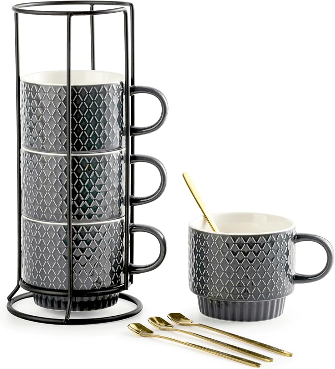 Gomakren Coffee Mugs Set of 4, 13oz Stackable Coffee Cup with Stand, Grey | Stackable Space-Saving, with 4 Spoons | Textured Grey Grid Stoneware Dishwasher Safe, for Coffee Milk Tea Cocoa & Gifting Use by Gomakren