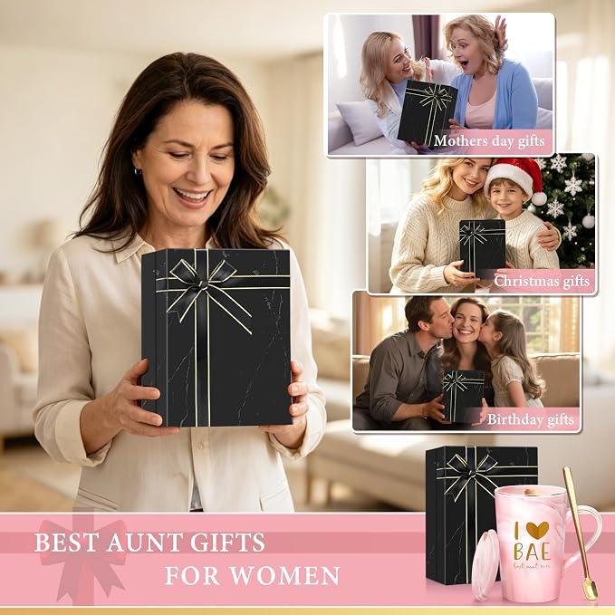 ShinnyWis Aunt Gifts for Aunts from Niece - Mothers Day Birthday Gifts for Aunt, 14Oz Pink Marble Ceramic Coffee Mugs Print with Real Gold, BAE Best Aunts Auntie Ever Gift Mug with Lid Spoon Card - Image 8