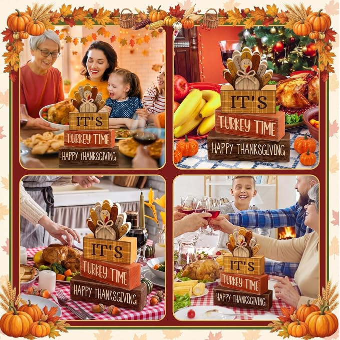 Moucuny 4 Pcs Fall Decorations for Home Wooden Turkey Decor Thanksgiving Tiered Tray Decor Thanksgiving Table Centerpiece Rustic Wooden Turkey Time Block Sign for Autumn Harvest Party Kitchen Shelf - Image 5