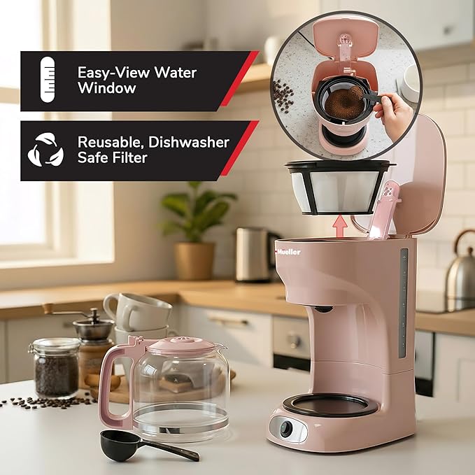 MUELLER HOME 12-Cup Pink Coffee Maker | Borosilicate Carafe, Auto-Off, Reusable Filter, Anti-Drip, Keep-Warm Function - Image 5