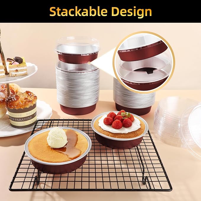Beasea Disposable Mini Pie Tins with Lids, 120 Pack 4” 7.3oz 215ml Small Round Aluminum Baking Tart Foil Container for Individual Dessert Cupcake Cheesecake Ramekin Quiche Oven Dishes - Wine Red - Image 5
