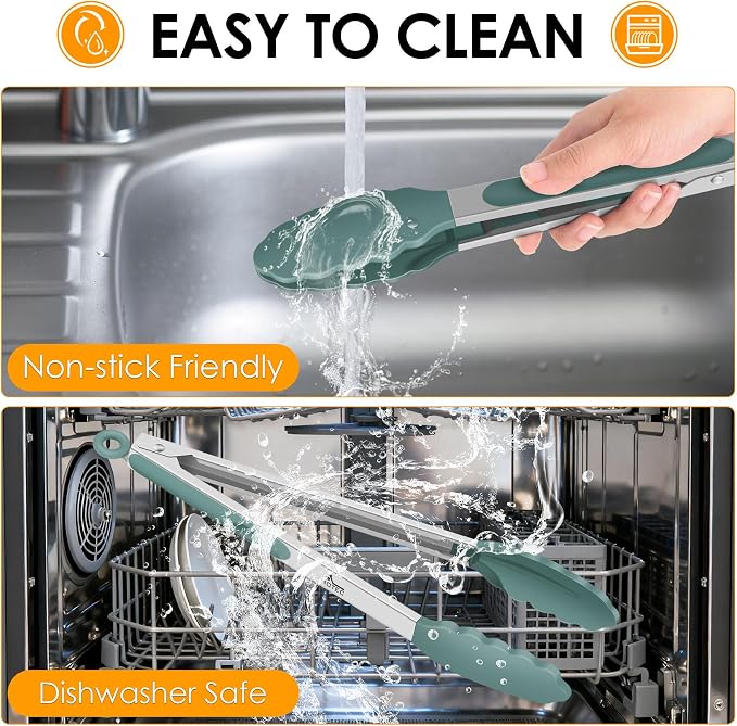 HOTEC Premium Stainless Steel Locking Kitchen Tongs with Silicon Tips, Set of 2-9" and 12", Sage Green - Image 7