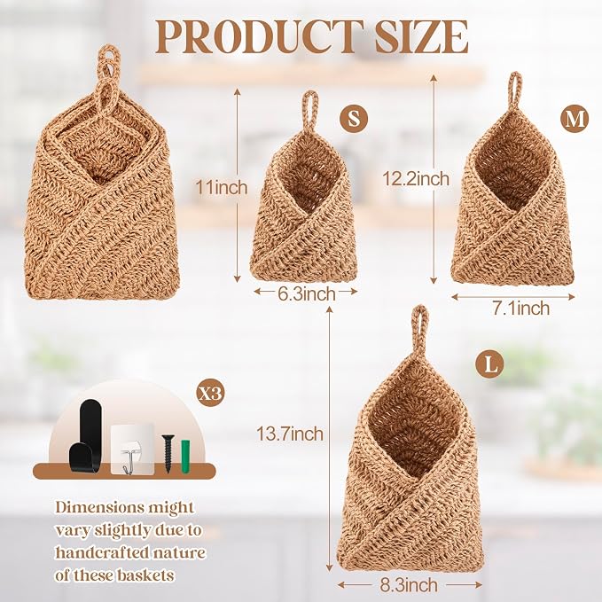Honeydak Boho Decor Hanging Wall Baskets for Kitchen 3 Pack Teardrop Baskets with Hooks Storage Fruit Onion Vegetable Potato for Home 3 Sizes(Linen,Triangle,Jute) - Image 3