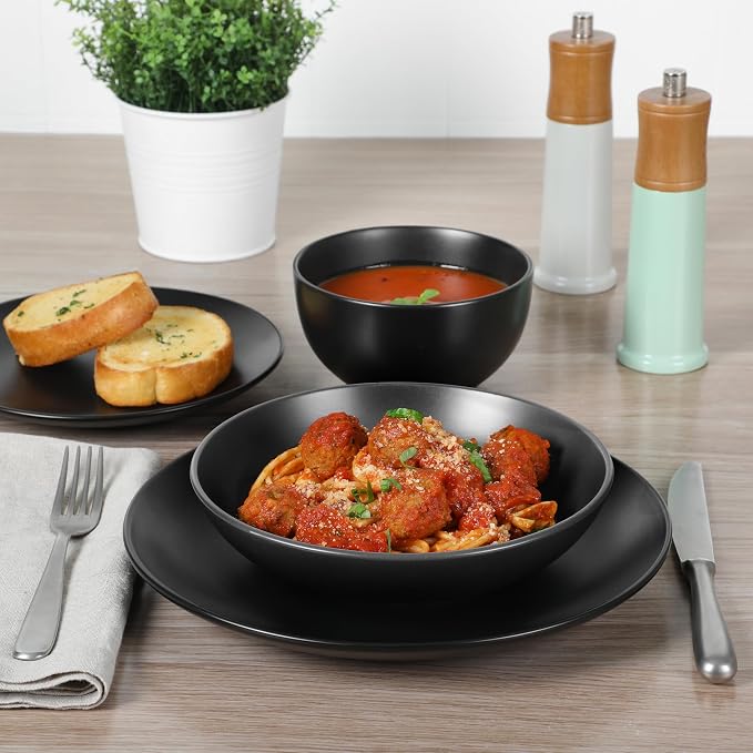 Gibson Home Queenslane 16-Piece Matte Black Stoneware Dinnerware Set – Double Bowl Plates and Bowls, Durable Kitchen Dinner Set - Image 3