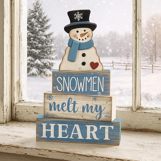 Moucuny 4 Pcs Winter Table Decorations Blue and White Snowman Decor Winter Tiered Tray Decor Valentines Day Centerpiece Rustic Decorative Hat Snowman Block Signs Gift Farmhouse for Home Kitchen Shelf - Image 5