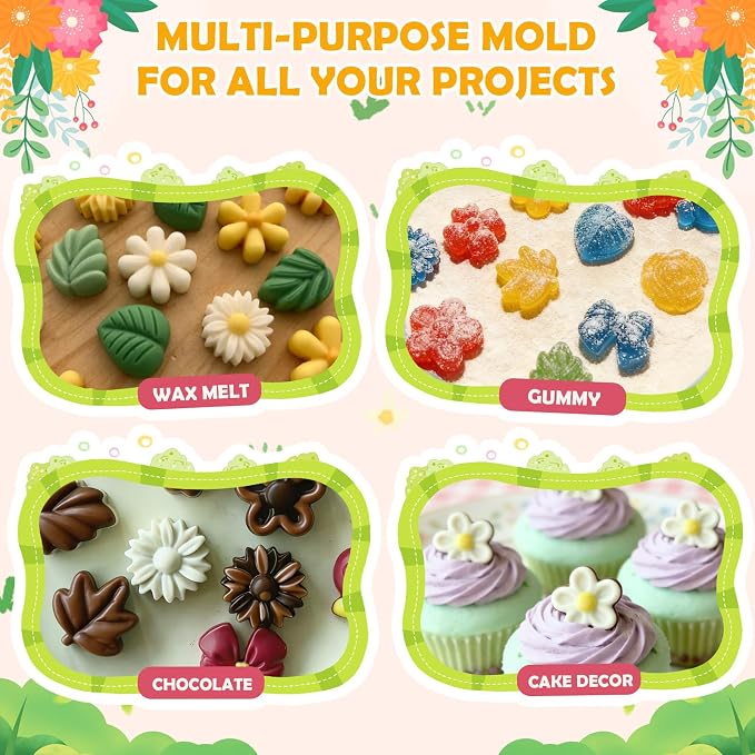HKNMTT Flower Candy Molds Silicone, Small 9 Shapes Bite Size Chocolate Gummy Jello Gelatin Spring Cute Bow Rose Leaf Dessert Wax Melt Ice Cube Moulds Food Grade Treats Making Oven Safe Kids DIY Set - Image 5