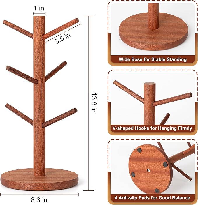 MyLifeUNIT Mug Holder Tree, Coffee Cup Holder with 6 Hooks (Reddish Brown) | Anti-slip padded bottom, space-saving compact design, easy air drying, sturdy tip-resistant structure - Image 5