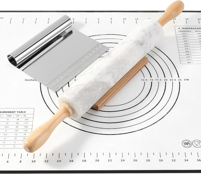 African Natural Marble Rolling Pin, Non-Stick Polished Dough Roller, Pasta, Dumpling, Fondant, Pie Crust, Bread, Pizza Dough, Kitchen Baking Pastry Tools with Mat/Scraper(Grigio Fantasy) by Koville