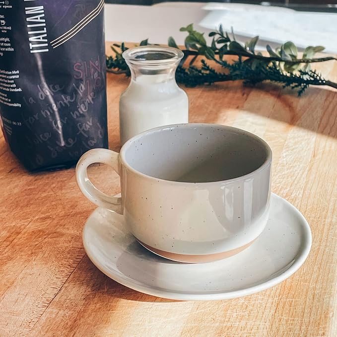 Mora Ceramics 8oz Cappuccino Mug Set of 4 - Ceramic Coffee Cups with Saucers - Microwave and Dishwasher Safe, Perfect For Tea, Espresso, Latte - Porcelain Mugs for Kitchen or Cafe - Assorted Neutrals - Image 8