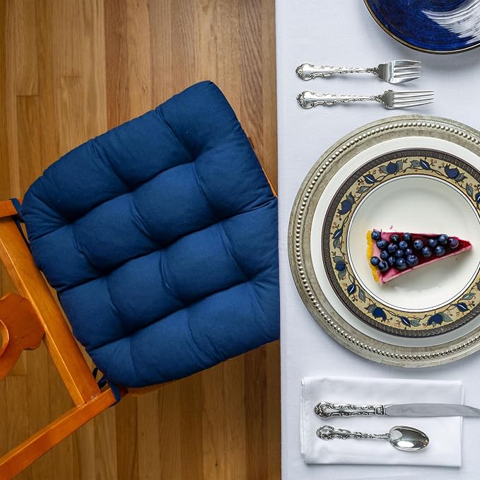 Barnett Home Decor Cotton Duck Navy Blue Dining Chair Pad with Ties - Medium Size 18 Chair Cushion - Latex Foam Fill - Machine Washable, Reversible, Solid Color, 100% Cotton, Made in USA - Image 2