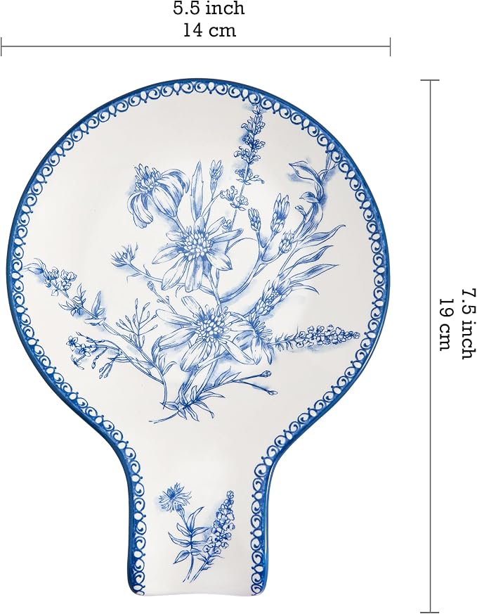 Bico Blue Garden Toile De Jouy Spoon Rest for Stove Top, Ceramic Spoon Holder for Kitchen Counter, Easy to Clean Coffee Spoon Rest Dishwasher Safe, Kitchen Cooking Utensil Rest for Ladles Spatula - Image 2