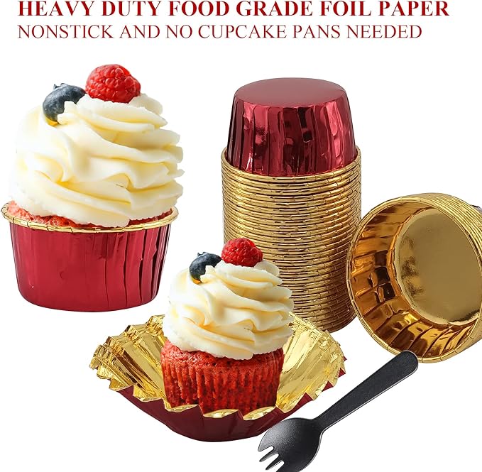 Cupcake Liners with Dome Lids 100 Pack,LNYZQUS 5.5Oz Foil Baking Cups Muffin Tin,Large Cupcake Wrappers Souffle Pudding Ramekin Holders for Christmas Wedding Birthday Party,with Spoons-Red in Gold - Image 5