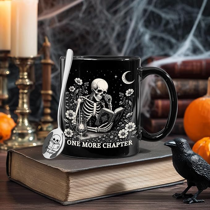 Hyturtle Funny Skeleton Reading Coffee Mug with Spoon Gifts for Book Lovers | Spooky Reading Themed Gifts for Readers, Halloween Decor, Premium double-sided print 11oz ceramic mug, Comfort grip handle - Image 2