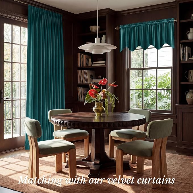 Teal Valance for Windows Scalloped 52x18 Inch 1 Panel | Soft Velvet Wavy Small Kitchen Curtains, Elegant Privacy Shielding Window Treatment for Bathroom, Laundry, RV - Image 2