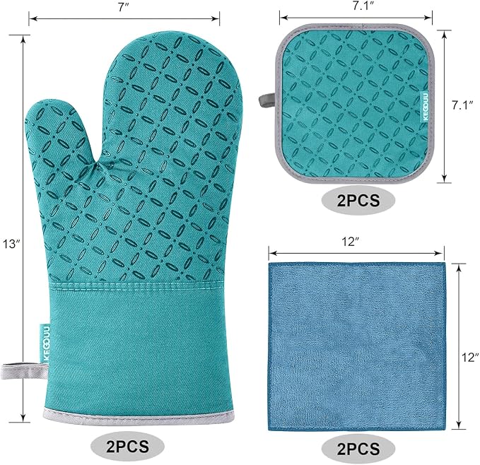 KEGOUU Oven Mitts and Pot Holders 6pcs Set, Kitchen Oven Glove High Heat Resistant 500 Degree Extra Long Oven Mitts and Potholder with Non-Slip Silicone Surface for Cooking (Lake Blue) - Image 2