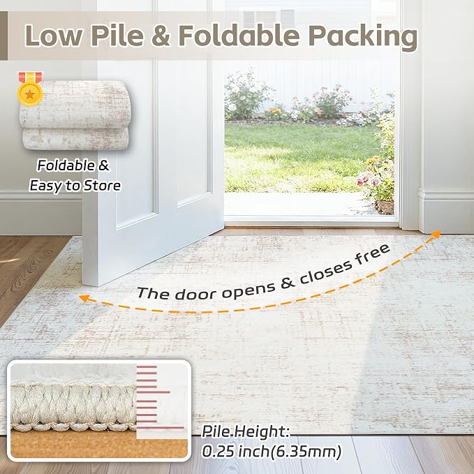 4x6 Washable Area Rug for Living Room Bedroom: Non-Slip Modern Beige White | Machine Washable TPR Backing, Stain-Resistant Low Pile, Pet & Kid Friendly, Abstract Decor for Dining Room, Dorm, Home Office - Image 8