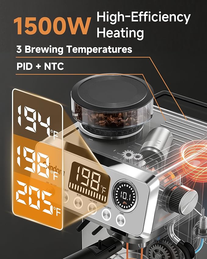 Espresso Machine with Grinder,20 Bar,44 Grind Setting,Milk Frother | Stainless Steel Coffee Machine,Easy-Clean,PID Temp Control,Built-in Grinder, Latte,Cappuccino,Americano & Hot/Cold Brew - Image 3