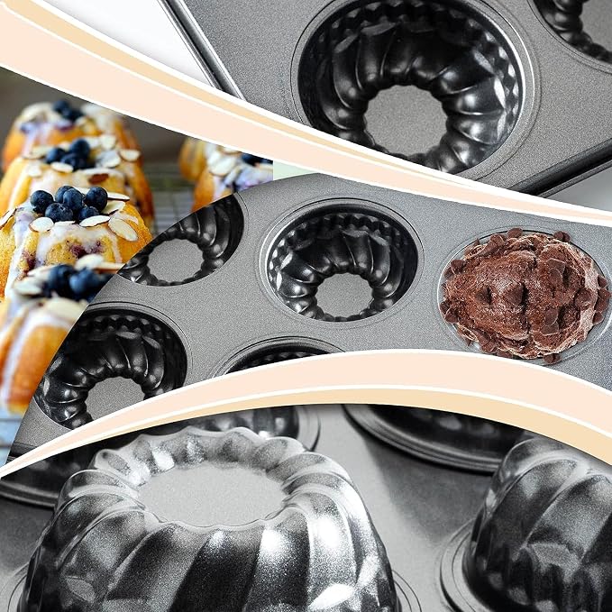 Mini Bndt Cake Pan 2 Pack, Nonstick Brownie Bowl Pan 12-Cavity Fluted Small Round Cake Tray Shortcake Pan Mold for Fall Baking Thanksgiving Muffin Bavarois, Carbon Steel Cake Pan - Image 4