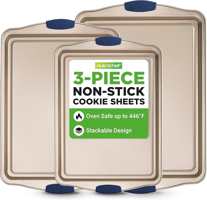 NutriChef 3‑Piece Non‑Toxic Cookie Sheets for Baking – Premium Carbon Steel Oven Tray Set with Blue Silicone Handles – Nonstick Baking Sheet Set for Cookies, Pastries & Oven‑Safe Cooking by NutriChef%E2%84%A2Kitchen