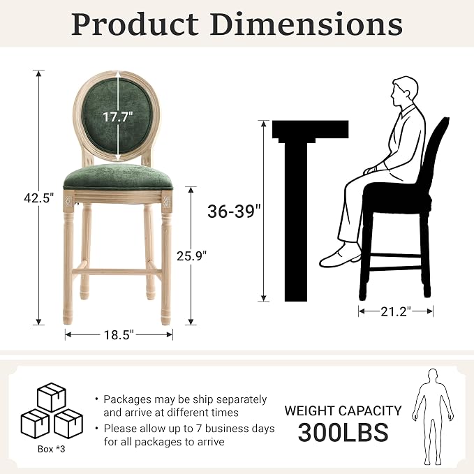 French Country Barstool, Linen Farmhouse Counter Height Chair | Set of 6, with Cushion Round Back and Solid Wood Legs, Oval Chairs for Restaurant, Bar, Kitchen, Café, Green - Image 3